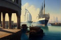 Fantasy illustration of the port of Dubai in the United Arab Emirates