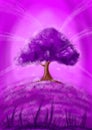 Fantasy illustration of a purple landscape with a magic tree