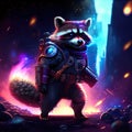 Fantasy illustration of a raccoon in an astronaut suit standing in front of a burning city. AI generated