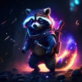 Fantasy illustration of a raccoon in a suit of astronaut with a torch. Generative AI