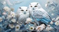 Fantasy illustration of a snowy wintry owl couple, with floral edges, white and light-blue colors Royalty Free Stock Photo