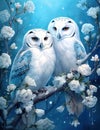 Fantasy illustration of a snowy wintry owl couple, with floral edges, white and light-blue colors Royalty Free Stock Photo