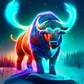 Fantasy illustration of a stylized image of a bull on a snowy mountain. Generative AI