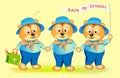 Fantasy illustration of three cute little bears going back to school. Cover for children school textbook. Hand-drawn vector cartoo