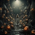 Fantasy illustration of a witch in the dark forest. Woman in carnival mask in the dark forest. Royalty Free Stock Photo