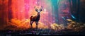 A fantasy image of a big magical deer standing in a clearing of a dark autumn forest. Colorful widescale image