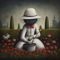 Fantasy image of a gardener working in the garden with a bucket and red flowers. AI Generated