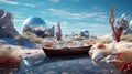 Fantasy image of illustrative land with big luxury balls, river, colored grasses.