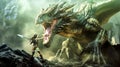 Fantasy image of a little warrior with a spear fighting a huge dragon with its mouth wide open, made with generative ai