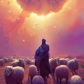 Fantasy image of a man surrounded by sheep lambs in the desert at eid al azha islamic festival