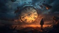 Fantasy image of a person looking at the clock. Concept of time slipping away. Losing hope. AI Generated
