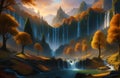 fantasy image of Rivendell overlooking an ethereal autumn landscape with waterfalls