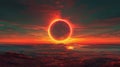 A fantasy image of a rocky landscape with a celestial body resembling a solar eclipse, banner, copy space Royalty Free Stock Photo