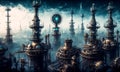 Fantasy industrial city scene with clock towers, gears and mechanisms