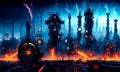 Fantasy industrial city scene with clock towers, gears and mechanisms