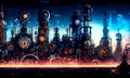 Fantasy industrial city scene with clock towers, gears and mechanisms