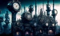 Fantasy industrial city scene with clock towers, gears and mechanisms