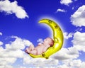 Fantasy Infant Portrait on Crescent Moon in Cloudy Sky