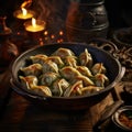 Fantasy-inspired Dumplings: A Dark Amber And Green Pictorial Feast