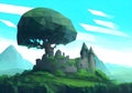 illustration of a castle ruin set amidst majestic rocky mountains, with a towering tree adding to the enchanting landscape