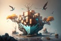 fantasy-inspired representation of a container port with cranes and containers, set in a magical world where transportation