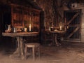 Fantasy interior of a medieval tavern with wooden tables and candles Royalty Free Stock Photo