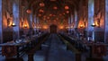 A fantasy interior scene from a wizard\'s academy dining room