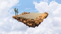 Fantasy island floating in the air with cloudy sky. Desert scene with asphalt road and cactus