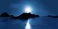 Fantasy island in moonlight with blue sky and sea