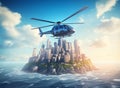 Fantasy island in ocean with sky and clouds. Castle on rock with sky background. Helicopter flies over sea Royalty Free Stock Photo