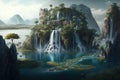 Fantasy Island of the World with Waterfalls Royalty Free Stock Photo