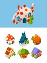 Fantasy isometric buildings. Fairytale construction medieval cottage vector games objects isolated