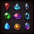 Set of fantasy jewelry gems, stone icon for game on black background. AI Royalty Free Stock Photo