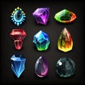 Set of fantasy jewelry gems, stone icon for game on black background. AI Royalty Free Stock Photo