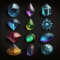 Set of fantasy jewelry gems, stone icon for game on black background. AI Royalty Free Stock Photo