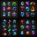 Set of fantasy jewelry gems, stone icon for game on black background. AI Royalty Free Stock Photo