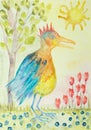 Fantasy king bird with tree sun and flowers.
