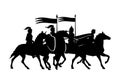 Fantasy king and guards riding horses black vector silhouette set