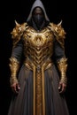 A fantasy knight in ornate and elaborate golden armor, dark fantasy background. Generative Ai
