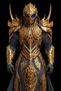 A fantasy knight in ornate and elaborate golden armor, dark fantasy background. Generative Ai