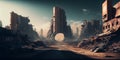 Fantasy landscape with abandoned city. 3D Render. Fantastic post-apocalyptic world, sci fi. Generative AI
