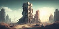 Fantasy landscape with abandoned city. 3D Render. Fantastic post-apocalyptic world, sci fi. Generative AI