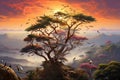 Fantasy landscape with acacia tree and birds. 3d render, serene African savannah perched on a cliff, with a spectacular array of Royalty Free Stock Photo