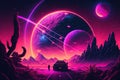 Fantasy landscape with alien planet, moon and car