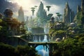 Fantasy landscape with fantasy alien planet and waterfall. 3d rendering, A futuristic metropolis nestled in a lush jungle,