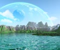 Fantasy landscape, alien Planetary system, Sea and clouds, 3d illustration