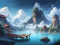 Fantasy landscape with ancient pagoda in the middle of the river