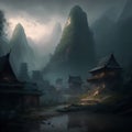 Fantasy landscape with ancient pagodas in the misty mountains