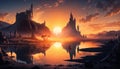 Fantasy landscape with ancient temples and lake at sunset Royalty Free Stock Photo