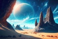 Fantasy landscape on another planet rocks in desert, moon and other satellites in sky. Generative AI